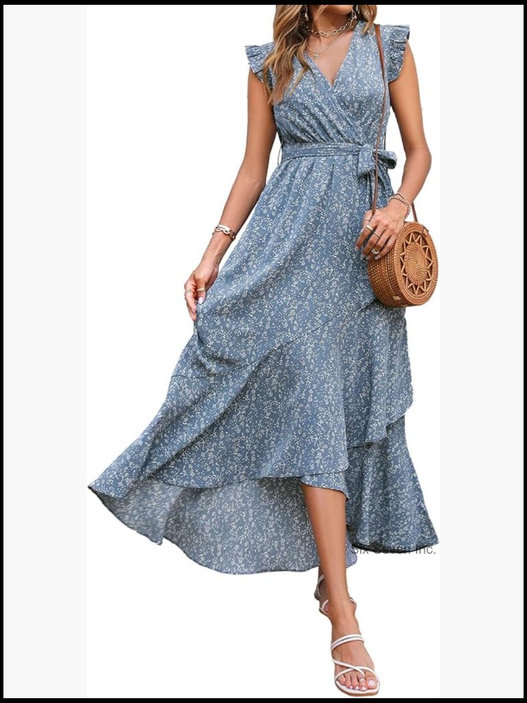 Boho Maxi Dress Floral Print Ruffle Sleeve Wrap